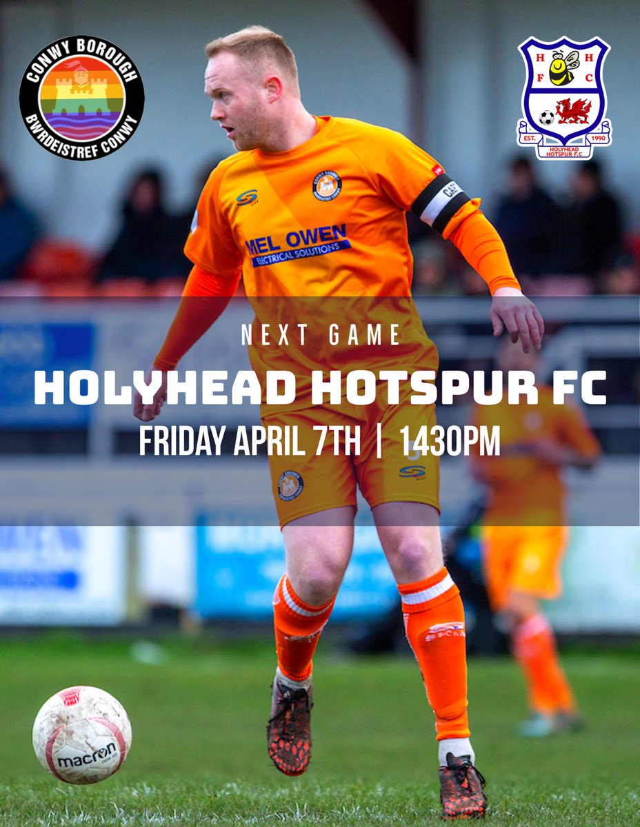 ConwyBoroughFC's tweet photo. Bank Holiday Friday - Borough host @HolyheadHotspur at Y Morfa Stadium the JD Cymru North League. Clubhouse open 1300pm - KO 1430pm ⚽️🏴󠁧󠁢󠁷󠁬󠁳󠁿 https://t.co/2qXbmP2oIb