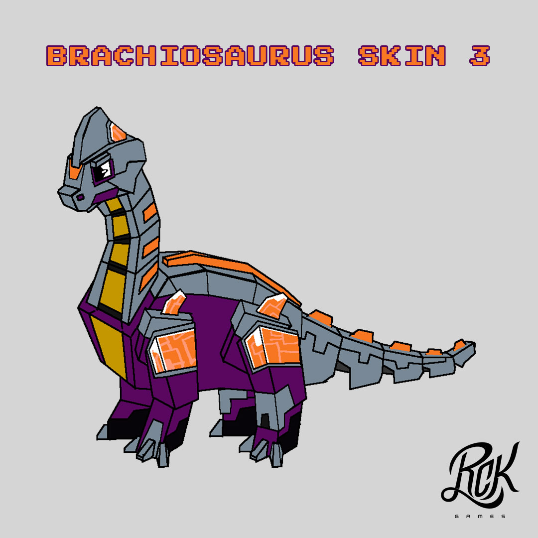 rckgames's tweet photo. El Skin 3 diseñado para el Brachiosaurus posee partes metálicas combinando morado y naranja en su cuerpo. Obtenlo en Jurassic Tycoon en su publicación. #Roblox #Conceptart #Dinosaurios #Diseñodepersonajes #Diseño3D #videogames https://t.co/Ruba588bQ6