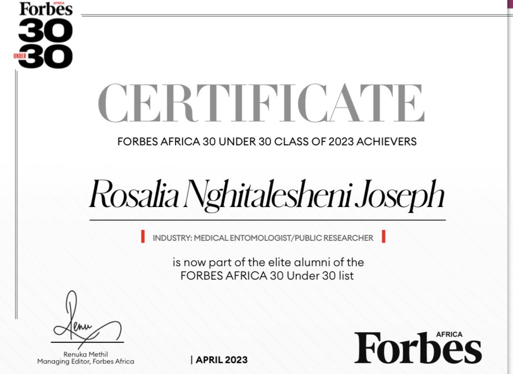 Absolutely grateful for this unprecedented and overwhelming recognition. I can’t put words to it nor fathom the excitement that this recognition carries.

Always a celebrated scientist and now a FORBES scientist.  #forbesafrica30under30 Class of 2023