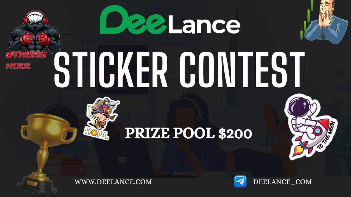 deelance_com's tweet photo. 🌟 DeeLance Stickers Contest🌟

📢 Calling all the #Freelancers and #Graphics Experts in the house! 📢

It's time to test your mettle! 💪

Create 2D and animated stickers, that you think can impress us and earn rewards up to $200 USDT! 💰💰

🏆Prizes🏆

💰 1st Prize - 100 USDT
💰 2nd Prize - 50 USDT
💰 3rd Prize - 30 USDT
💰 4th Prize - 10 USDT
💰 5th Prize - 10 USDT

𝐈𝐧𝐬𝐭𝐫𝐮𝐜𝐭𝐢𝐨𝐧𝐬

1: Follow us on Twitter, TG & Medium 👇
2: Create a set of 3,  2D or animated sticker designs based on DeeLance.
3. Post these creatives from your Twitter account & share the link on our TG channel.
4. Tag 3 friends!

How to take part👇
https://t.co/INsVtpocVk

#contest #Competition #DeeLance