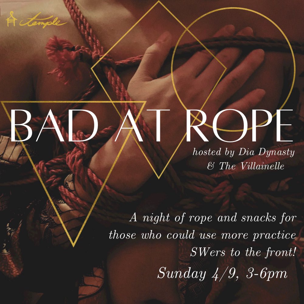 It’s time for another 
🪢 Bad At Rope 🪢 
Hosted by <a href="/The_Villainelle/">The Villainelle Φ NYC</a> and Dia Dynasty

Sunday April 9, 3pm - 6pm in Brooklyn

SWers to the front!

Email alpha@dominadynasty.com for details