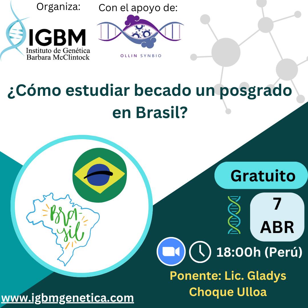 igbmgenetica's tweet photo. CONFERENCIA "¿CÓMO ESTUDIAR BECADO UN POSGRADO EN BRASIL?"
Los invitamos a la charla del VIERNES 7 de ABRIL a las 18:00hr (Perú, Colombia, Ecuador) dirigida por la Lic. Gladys Choque Ulloa. Únete a los grupos donde compartiremos el link de Zoom. Aquí https://t.co/w3kWk1R0LD https://t.co/IhcU0t80jw