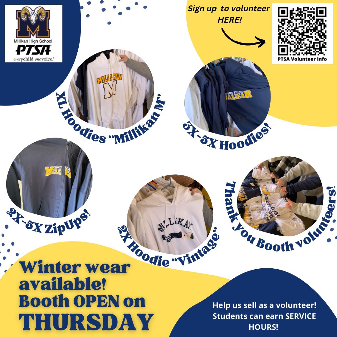 THURSDAY! Spirit Wear Sale at lunch in front of the big gym (12-12:30pm). BIG THANKS to our volunteers and everyone who came to our booth at Open House. It was a big success!!! April 26 will be our last lunch sale. #lbmillikanptsa #bettertogether #gorams