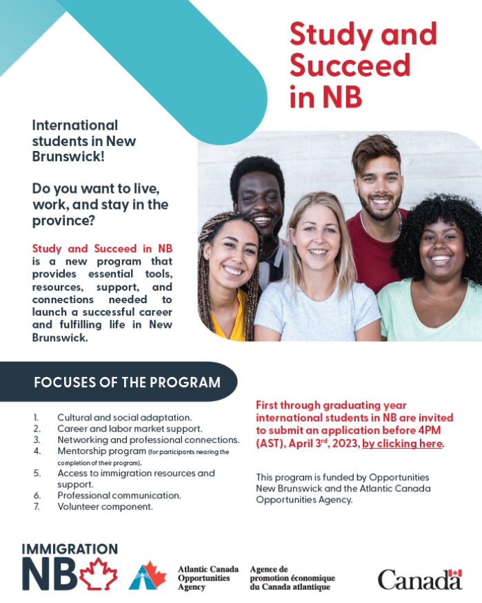 UNB Career Development and Employment Centre -CDEC (@unb_cdec) on Twitter photo Looking to build a successful career and fulfilling life in NB as an international student? The program kicks off with a 3-day conference, which will cover important topics. For more information, email InternationalStudents@GNB.CA.
Link: zurl.co/dpIm Looking to build a successful career and fulfilling life in NB as an international student? The program kicks off with a 3-day conference, which will cover important topics. For more information, email InternationalStudents@GNB.CA.
Link: zurl.co/dpIm