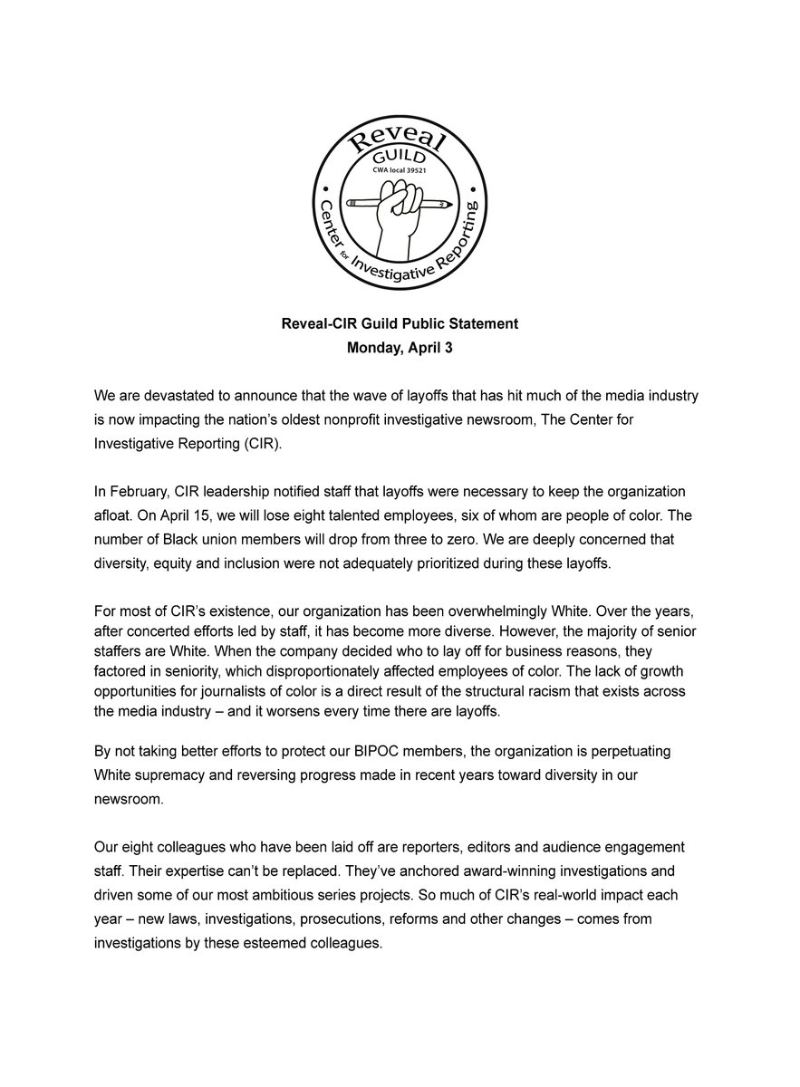 RevealCIRGuild's tweet photo. 1/We’re devastated to announce that @reveal is experiencing layoffs. It will primarily affect reporters, editors and audience engagement staff. We’re losing 8 talented employees, 6 of whom are people of color. The number of Black union members will drop from 3 to 0. https://t.co/KQ4XXvzc6E