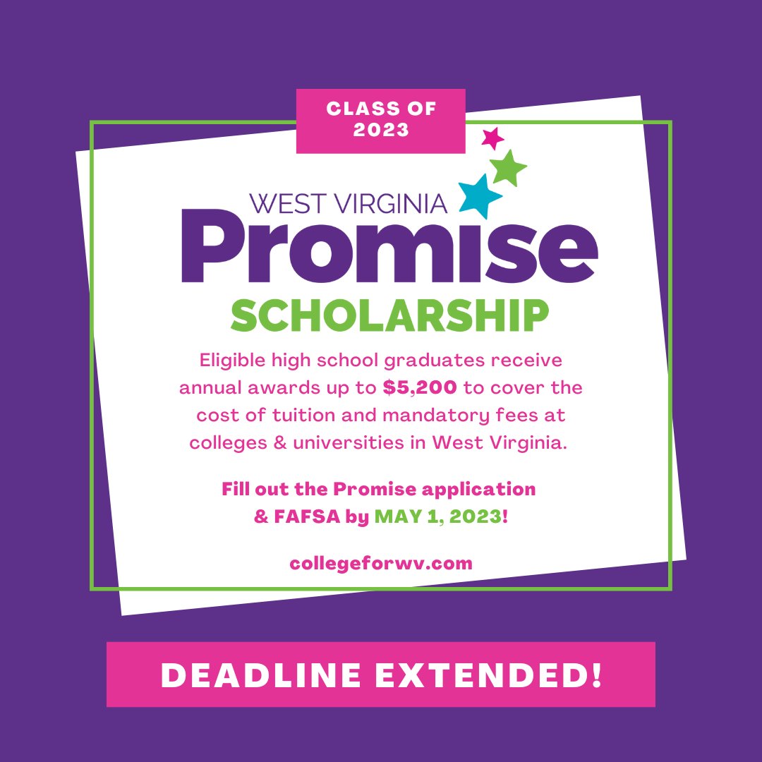 WVHEPC's tweet photo. There's still time! ⏳ 2023 High school seniors can still apply for the Promise Scholarship until May 1, 2023. This merit-based scholarship provides eligible students up to $5,200 to cover the cost of tuition and mandatory fees. 🎓 Visit https://t.co/OrW3we2jYc to get started! https://t.co/TudV3BVIQw