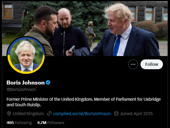 PublicPriestley's tweet photo. Well would you look at that - Britain's most honest MP and former Prime Minister @BorisJohnson has not mention on his Twitter account that he's a Tory. #ToriesDeletingTory - flogging the Ukraine connection hard though. https://t.co/znywfUhszo
