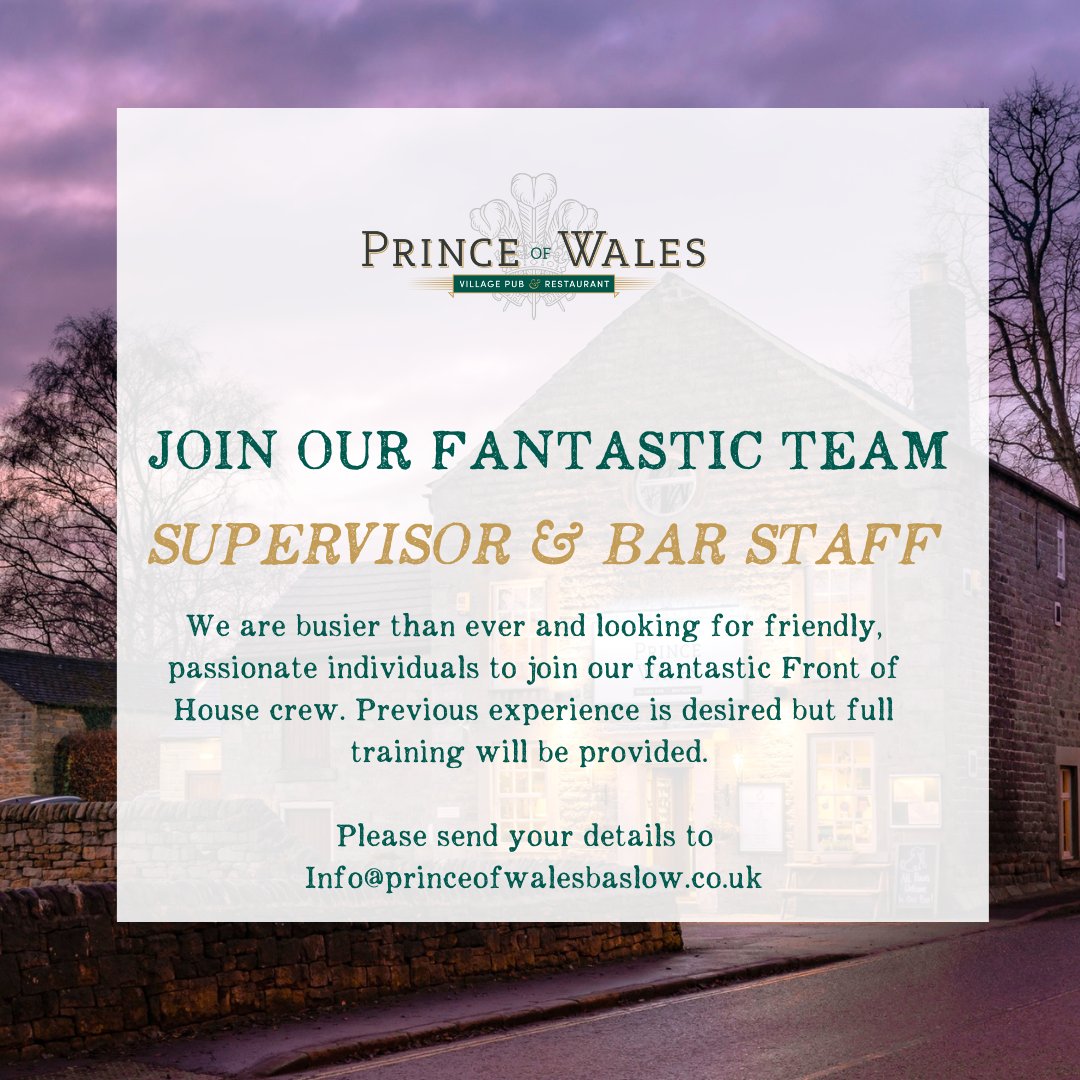 We are busier than ever and looking for friendly, passionate individuals to join our fantastic Front of House crew. Previous experience is desired but full training will be provided. Please email Info@princeofwalesbaslow.co.uk #JoinOurTeam #DerbyshireJobs #Hospitality #Baslow