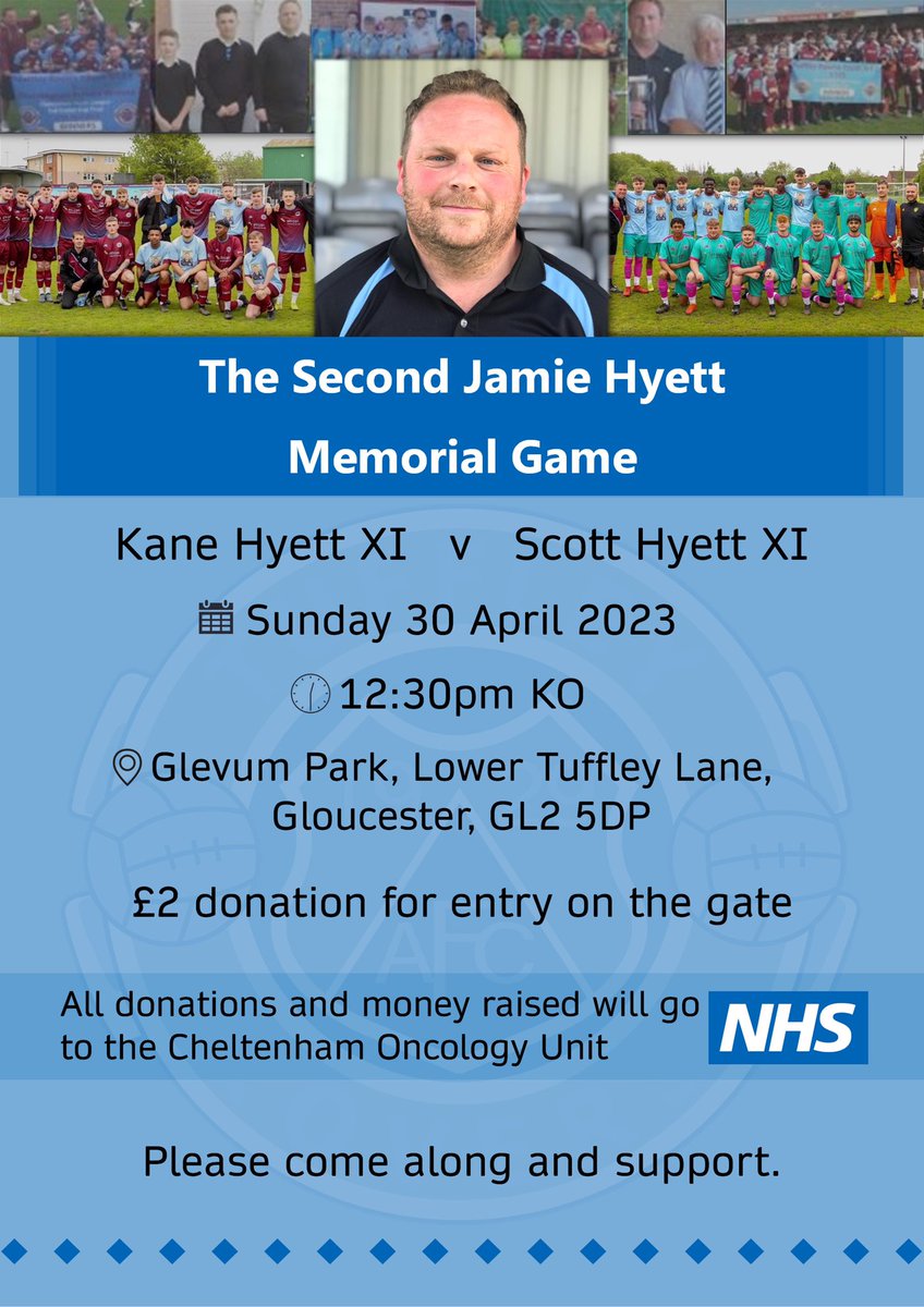 After the wonderful day we all had last year, we’ll once again be celebrating the life of our dear friend <a href="/jamie_hyett/">Jamie Hyett</a> again this year, with a game between sides formed by his son’s <a href="/_Kanehyett/">Kane Hyett</a> &amp; <a href="/scotty_X_footy/">scott hyett</a> at Glevum Park on 30 April.

£2 admission donated to charity.