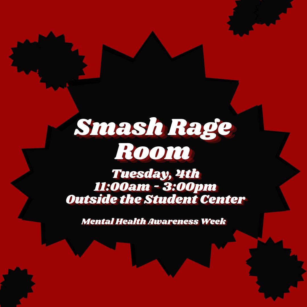 It’s Mental Health Awareness Week and we know it’s getting closer and closer to finals. So to help with any impending stress we’re bringing a smash rage room!! It will take place outside the SC a 11am. #uca #sab #funliveshere