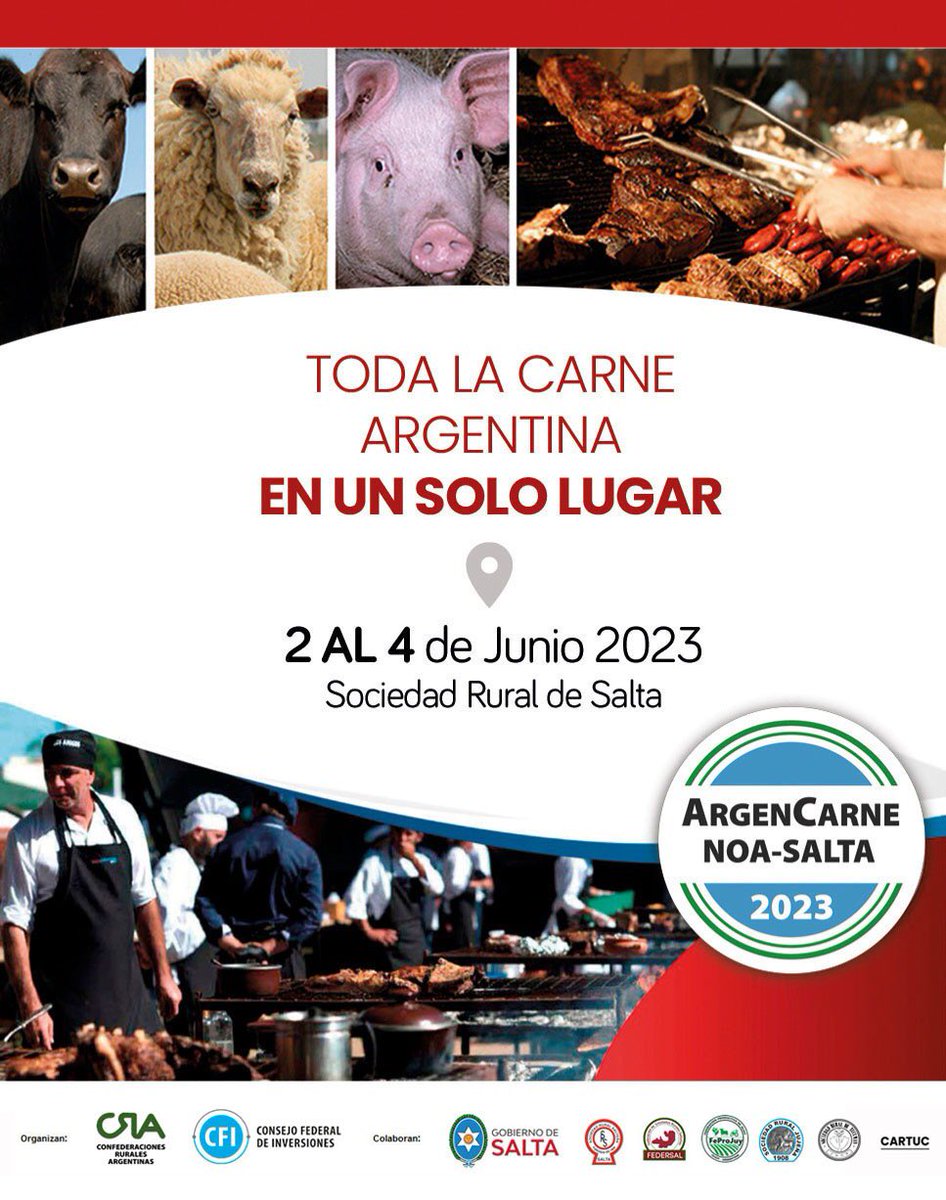 ¡Agenda la fecha!📆
Del 2 al 4 de junio te esperamos en la tercera edición de #ArgenCarne que será en Salta. 😃🥩
También habrá seminarios de producción bovina, porcina y ovina para capacitarnos y conocer a fondo la realidad productiva de nuestro país.