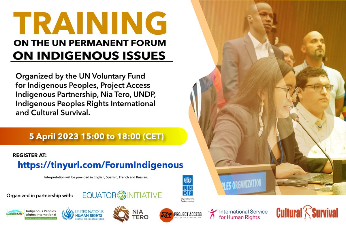 Forest_Platform's tweet photo. Training on the UN Permanent Forum on Indigenous Issues
📅5 April 2023 15:00 to 18:00 (CET)
🔗https://t.co/jATeF6u6Va

🗣️Interpretation will be provided in English, Spanish, French, and Russian https://t.co/vk1FjV9I4j