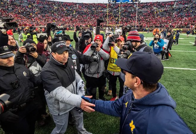 AlexAnstedCFB's tweet photo. Hear me out… the 2023 Michigan/Ohio State game should have:

-Both teams wear color rush jerseys
-Primetime kick (at least 3:30)
-Coin toss decided by Harbaugh/Day boxing (3 rounds) 
-Alcohol sold in the stadium https://t.co/VF68u8KiQk