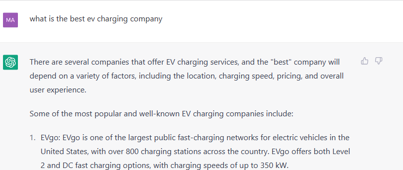 albo_beats's tweet photo. I asked the worlds favorite AI Platform, ChatGPT who the BEST EV Charging Company is.. It seems to favor $EVGO .. #AI #EV #NOTTESLA https://t.co/EIJahcVUcT