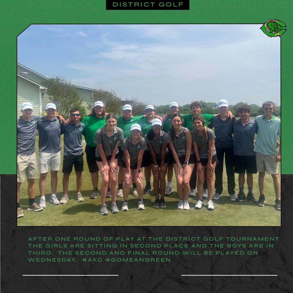 CueroAthletics's tweet photo. The 1st Round of the District Golf Championship is in the books.  The girls are in the clubhouse sitting 2nd, while the boys are in 3rd.  Play will resume on Wednesday. #AKC #GoMeanGreen https://t.co/UAZIJNpf8Y