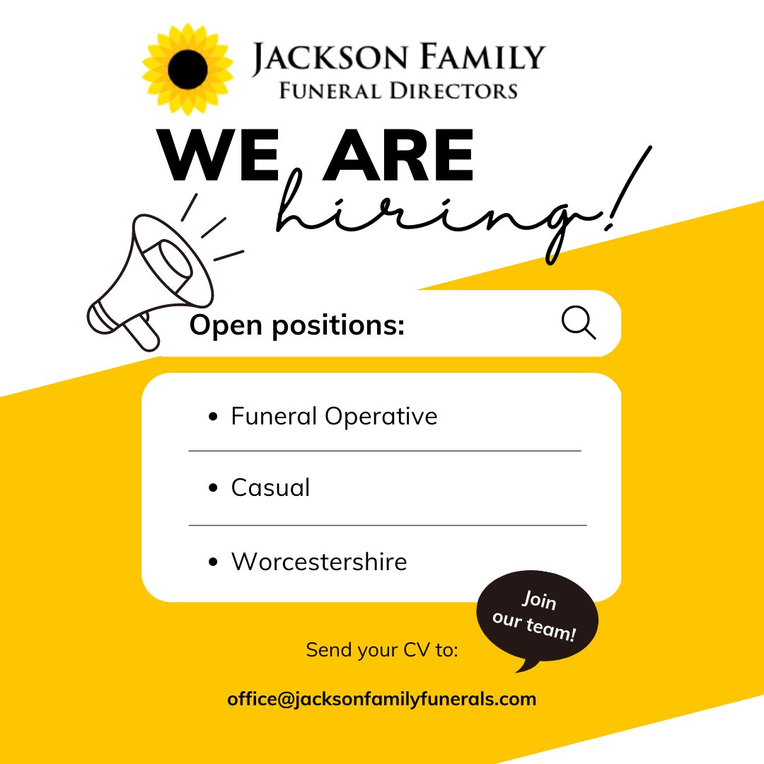 JacksonFunerals's tweet photo. #JobOpportunities π»
We're looking for Casual #FuneralOperatives to join our expanding team. The successful candidates will join our #funeral bearer team, which will include carrying the coffin & driving our hearse or limousine.
#WorcestershireHour https://t.co/J3CbJpJ5ji