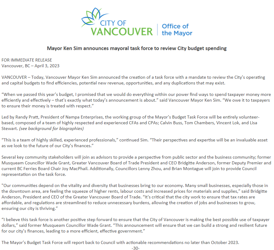Vancouver Mayor Ken Sim announces task force to review city budget spending. Vancouver Police, which accounts for largest expense at $390-million for 2023 (20% of city budget, $20-million more than 2022) will be exempt.