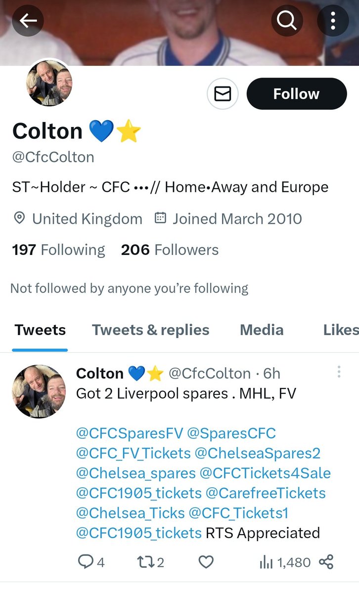 cfcr09's tweet photo. @cfccolton is a scammer.
Sent him £120 for 2 tickets for tomorrows game.

@CFCTickets4Sale @FaceValueCFC @cfcspare @ChelseaSpares2 @CFC_Tickets @CFCSparesFV @SparesChelsea @CFC_FV_Tickets @chelsea_Spare1 @CFCticketguy #chelseatickets https://t.co/CqzIPAEgxL