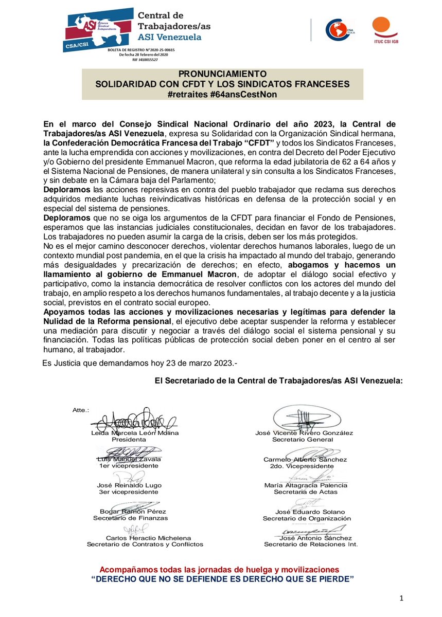 PRONUNCIAMIENTO
SOLIDARIDAD CON CFDT Y SINDICATOS FRANCESES
#retraites #64ansCestNon El Consejo Sindical Nacional 2023,de <a href="/CentralASI/">Central ASI Vzla</a> expresa su Solidaridad con la  <a href="/CFDT/">CFDT</a> @CfdtBerger <a href="/MaryliseLeon/">Marylise Léon</a> <a href="/SH_CFDT/">Syndicalisme Hebdo</a> <a href="/RicordeauYvan/">Yvan Ricordeau</a> <a href="/MaherTekaya/">Maher Tekaya</a>   <a href="/bealestic/">Beatrice Lestic</a>  #mediation #ReformeDesRetraites