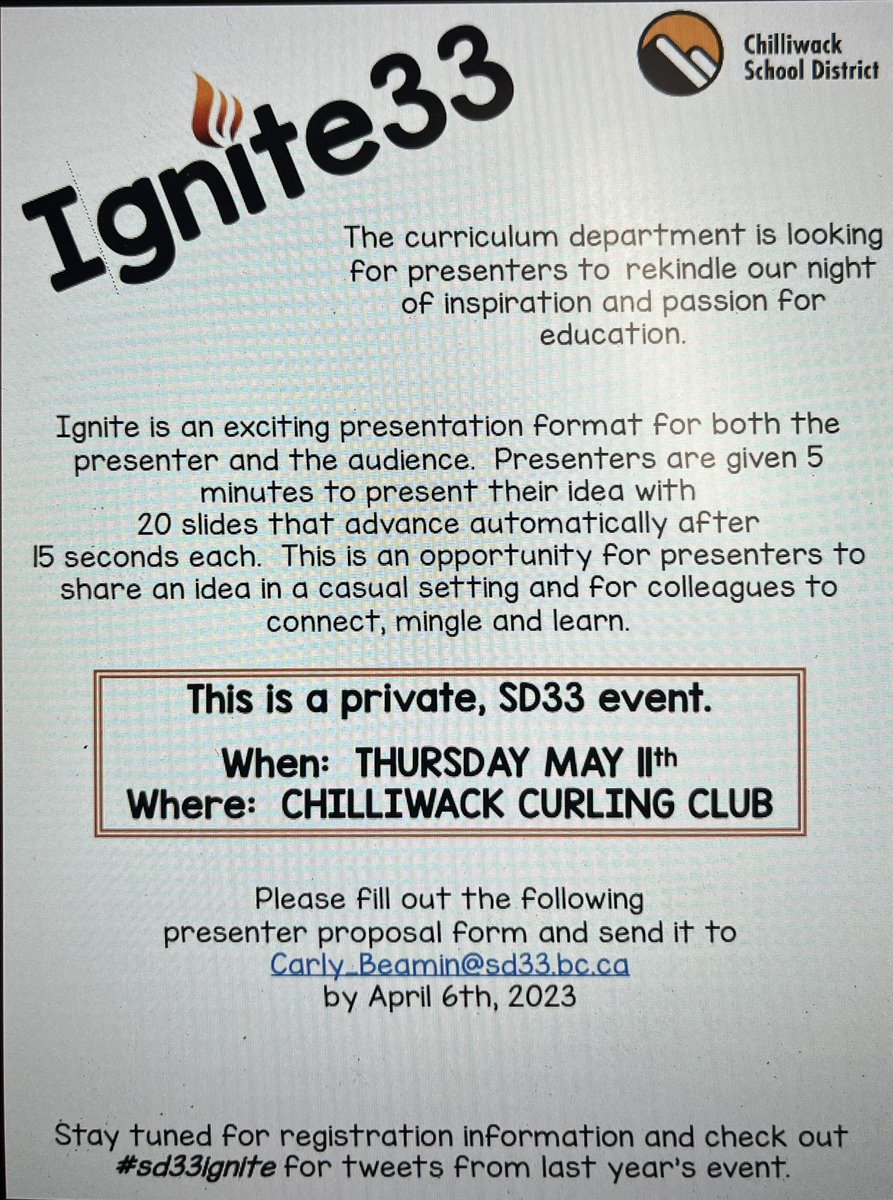 Ignite33 is happening again next month. We are currently looking for presenters. If you feel like you have something to share please connect via the email. #sd33learns