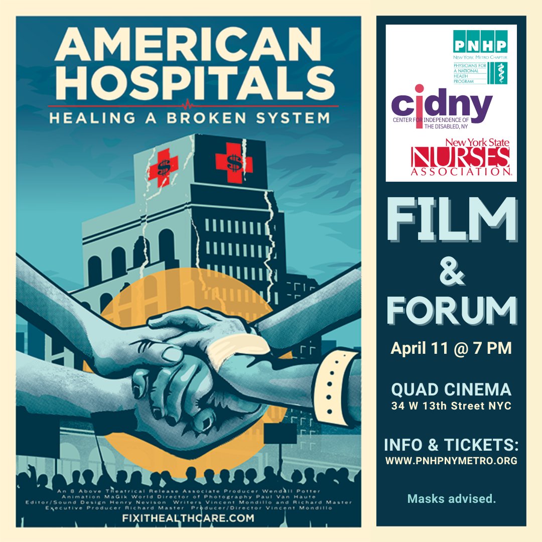 CID_NY's tweet photo. Join us, along with @PNHPNYMetro &amp; @nynurses at this documentary screening panel of American Hospitals. 

When: Tuesday, April 11th, 2023 - 7 PM to 9:15 PM EST

Where: @QuadCinema 34 West 13th Street, New York, NY

Visit https://t.co/aQb7K5bKlG more information or tickets. https://t.co/zgGsIXGwjY