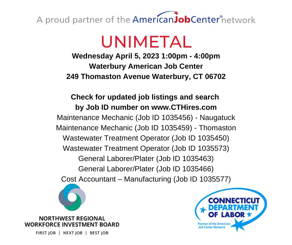 UNIMETAL in #ThomastonCT and #NaugatuckCT is hosting a hiring event at the Waterbury American Job Center on Wednesday, April 5 beginning at 1PM-4PM! Register on CTHires.com