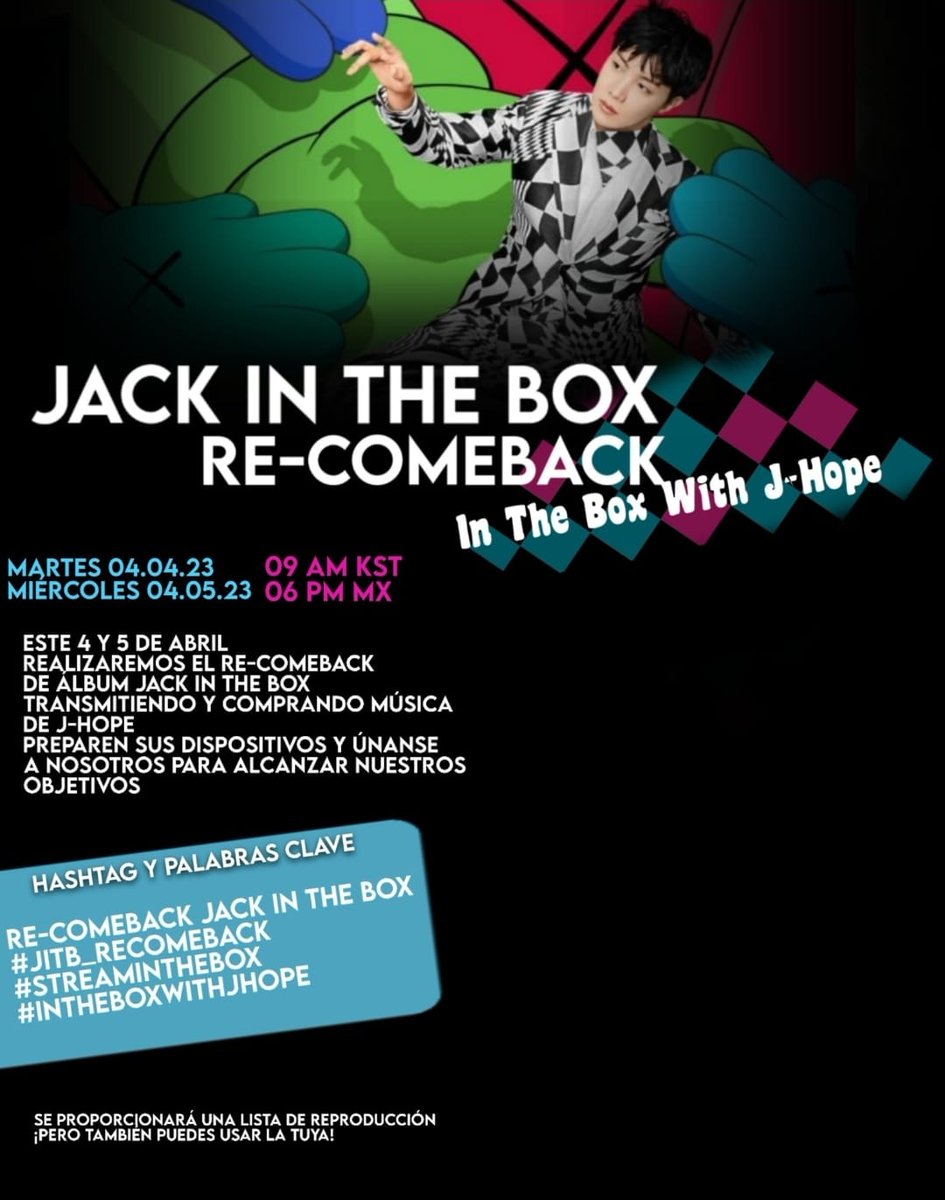 myglosshy's tweet photo. — ARMY, ¡Tenemos recomeback de Jack In The Box! Este 4 &amp; 5 de abril se llevará acabo un streming party enfocado en Hoseok principalmente en su álbum en solitario, fanbases y cuentas fans realizarán actividades durante todo el día para aumentar los stream del álbum

RT DIFUNDIR ↓ https://t.co/me3PTBNehv