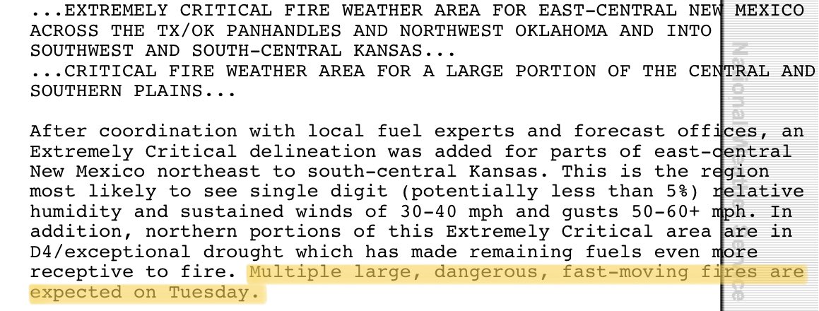 I know we have a potential severe weather outbreak tomorrow but this just happened to catch my eye… Multiple large, dangerous, fast moving fires are expected tomorrow across portions of the central and southern plains. Crazy stuff! #wx #wxtwitter #fireweather