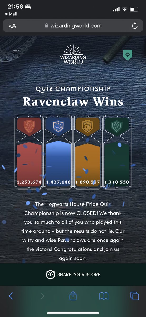 Congratulations to #Ravenclaw 
2nd to #Slytherin  🐍💚🥳