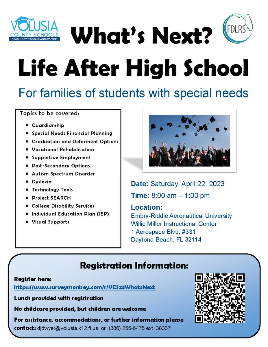Families of students with special needs, make sure to attend the "What’s Next? Life After High School," event at <a href="/EmbryRiddle/">Embry-Riddle Univ</a> on April 22, 2023 from 8:00-1:00 pm.  Everyone who registers for the event will receive a catered lunch!
Register here: surveymonkey.com/r/VCS23WhatsNe…