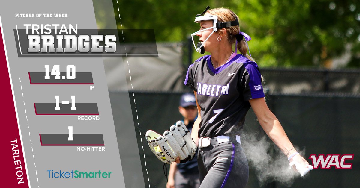 Congratulations to the <a href="/TicketSmarter/">TicketSmarter</a> #WACsb Pitcher of the Week, Tristan Bridges from <a href="/TarletonSB/">Tarleton State Softball</a>! 🥎