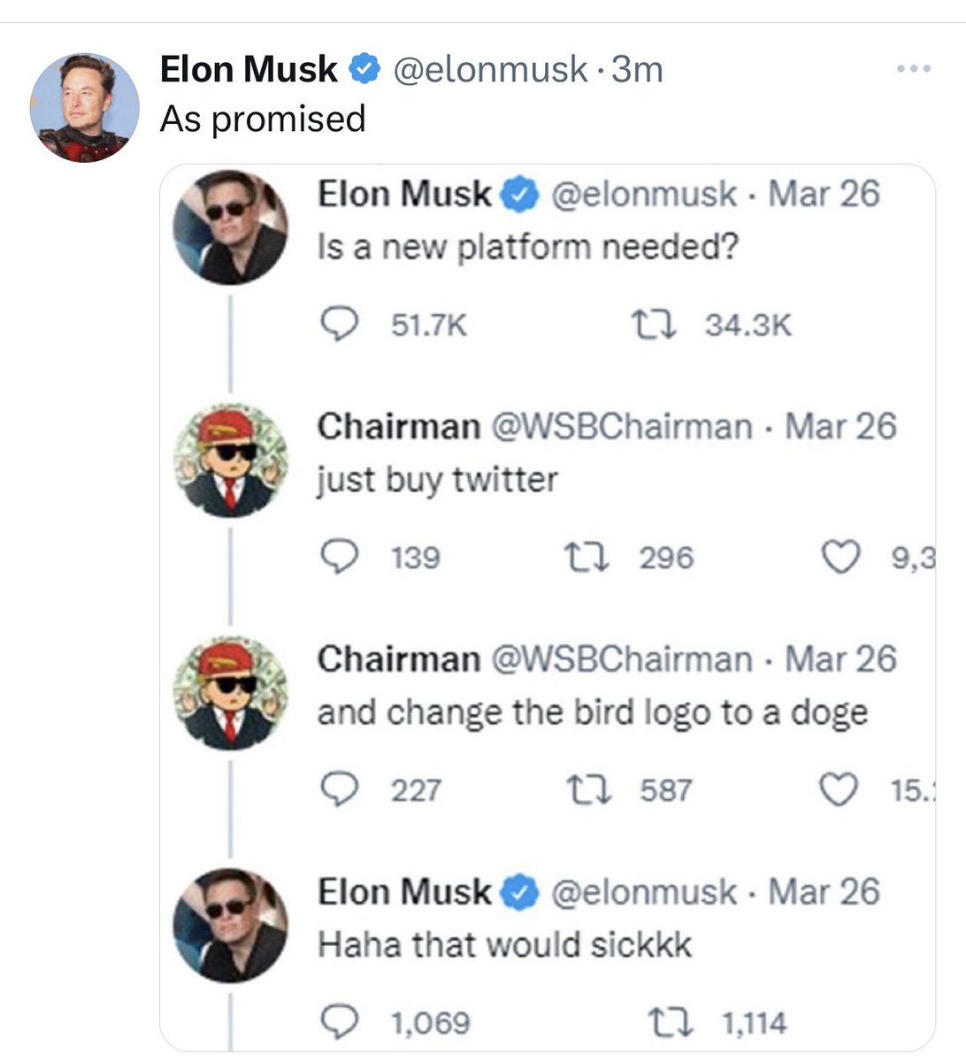 TDogewhisperer's tweet photo. The Twitter logo has been changed to the #Dogecoin Doge 😂 Amazing! 

It all started a year ago when @elonmusk and @WSBChairman had this convo https://t.co/CQlUcG6xuf