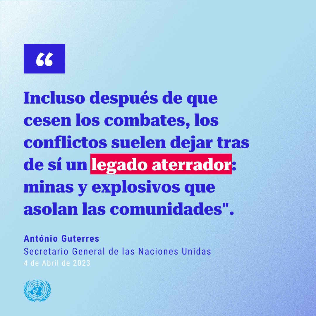 ONU_es's tweet photo. “Incluso después de que cesen los combates, los conflictos dejan tras de si un legado aterrador: minas y explosivos que asolan las comunidades”.

– @antonioguterres en el Día de información sobre el peligro de las minas, pide acabar con esta amenaza. https://t.co/Urp79GeM5h https://t.co/kNhC8VcHHW