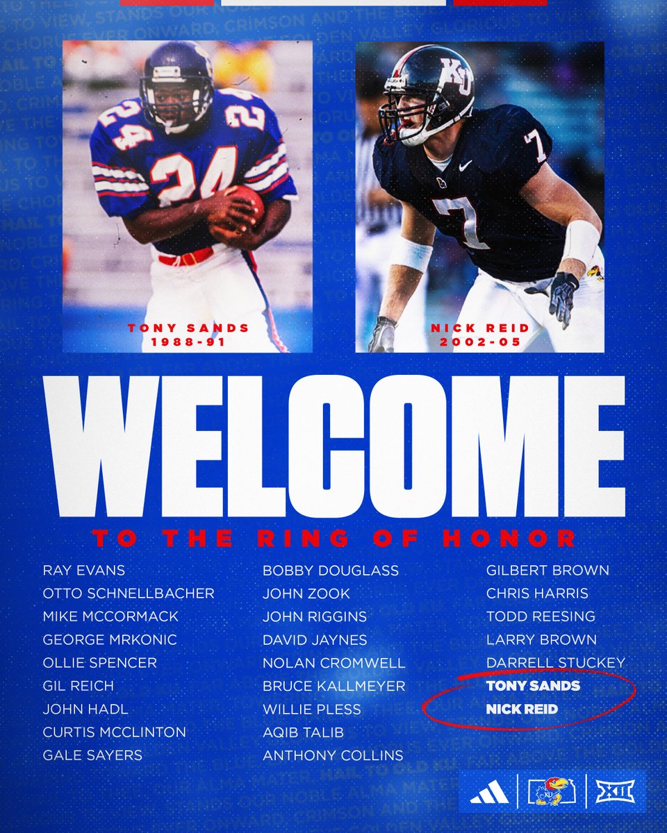 Two legendary Jayhawks, now forever enshrined.

Welcome to the Kansas Football Ring of Honor, Tony Sands and Nick Reid 🙌

More → bit.ly/RingOfHonor23
