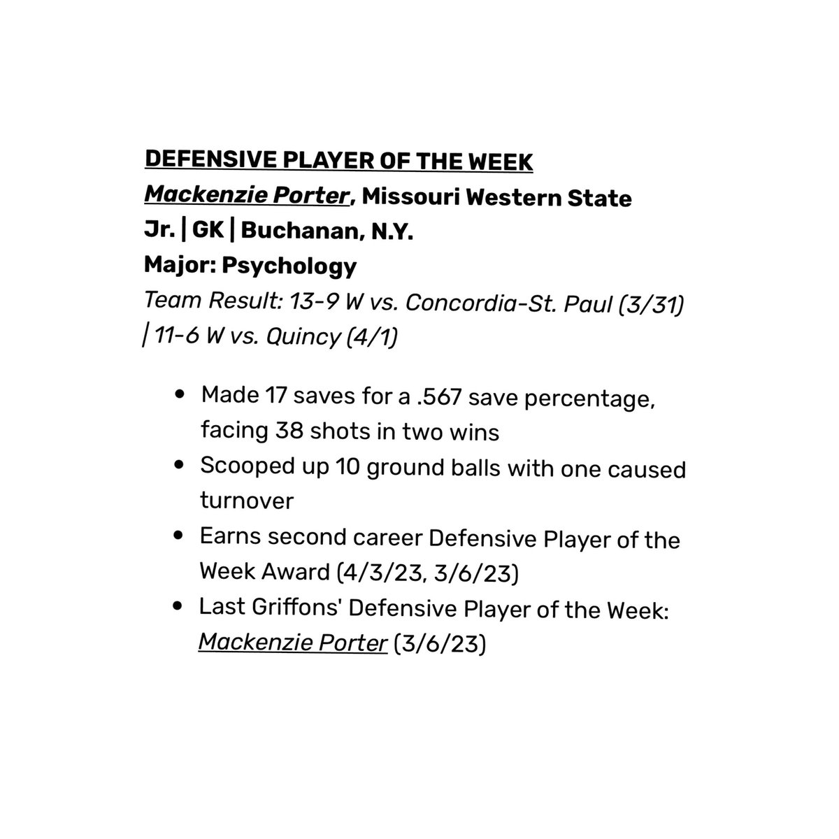Make that ✌🏻GLVC defensive Player of the Week Awards for Mackenzie Porter!!