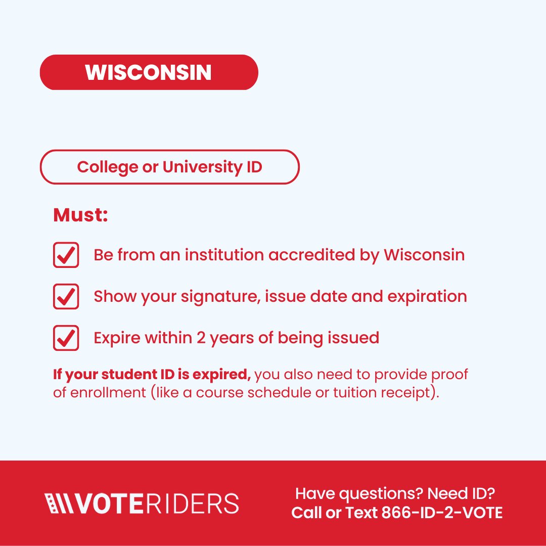 VoteRiders's tweet photo. Heads up Wisconsin! 📢📢📢

⚡️The Spring Election is on 4/4!⚡️

Wisconsin has a STRICT voter ID law, so make sure you bring a valid ID to cast your ballot in this critical election! 🪪✔️🗳️✔️

Here's the kind of ID you can bring to vote → https://t.co/fheI66N2qs

More info! ⬇️⬇️ https://t.co/0699eUt3OF