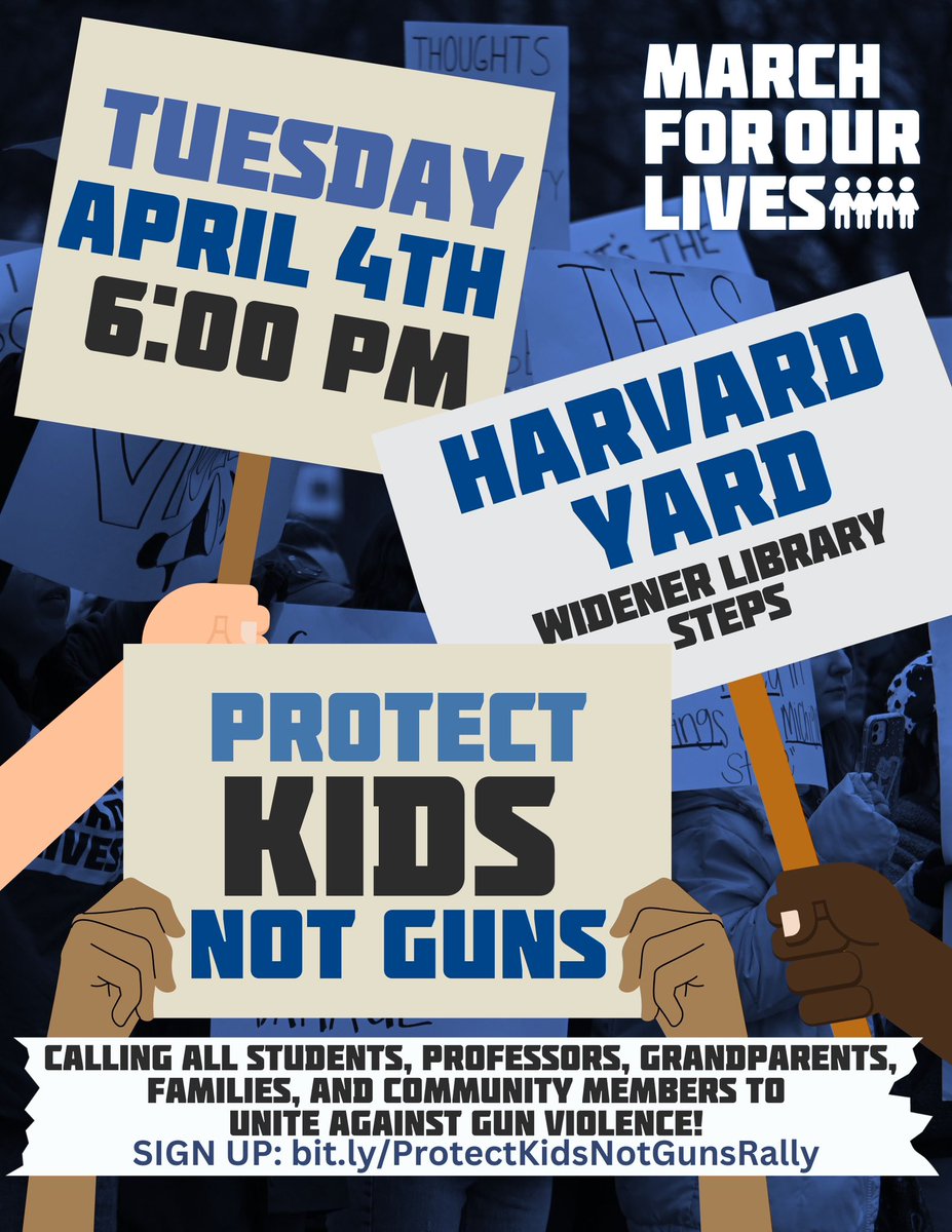 BOSTON: Tomorrow at 6pm, students, survivors, professors, families, high school students and more are rallying at Widener Library (right next to Harvard Yard) to demand further action by our leaders on gun violence. Join us and bring friends Sign up bit.ly/protectkidsnot…