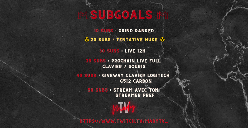 MadyTV_'s tweet photo. MES PREMIERS #SUBGOALS !!! N'hésite pas à me suivre sur twitter ou à lacher ton plus gros follow sur #twitch pour me donner de la force <3 
#callofudty #Warzone2 #petitstreamer #twitchstreamer #top1 #résurgence #premiersub #nuke

          ---> https://t.co/3PwBRjmYHQ <--- https://t.co/MluZW1UkTj