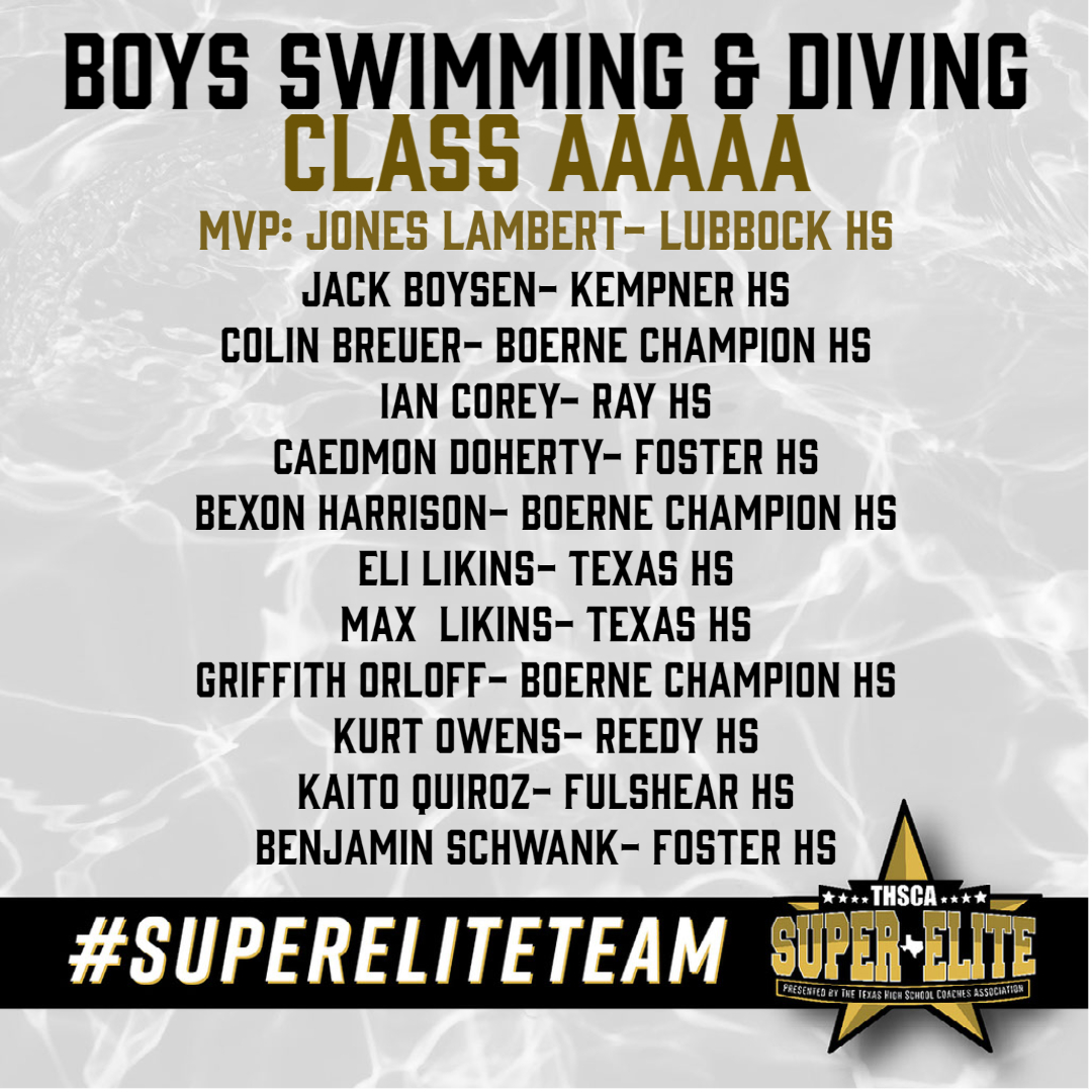 Congratulations to the athletes below for being named to the first-ever THSCA 5A Boys Swimming &amp; Diving #SuperEliteTeam! 🔥👏

thsca.com/super-elite-te…