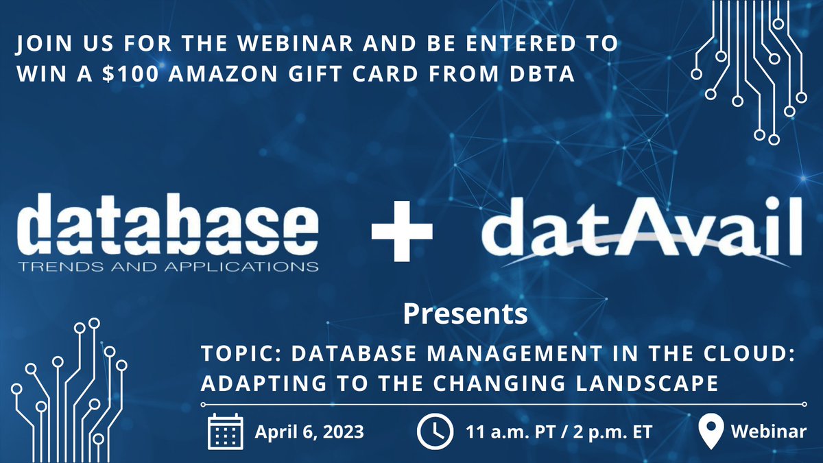 datavail's tweet photo. Are you looking to learn more about the responsibilities of #DatabaseAdministrators in the #cloud? Don't miss Datavail's upcoming event on adapting to the changing landscape of #DatabaseManagement in the cloud. Register today! https://t.co/hOQAkI2RpC
.
.
#database #event #amazon https://t.co/iVDcSZOKo5