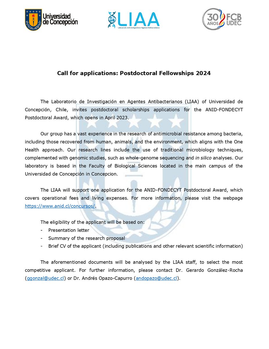 🛑Our group is sponsoring applications for postdoctoral fellowships!🛑
<a href="/docpolski/">paul g higgins</a> <a href="/Gotitde/">G González Rocha</a> <a href="/a_f_opazo/">Andrés Opazo-Capurro</a> <a href="/JorgeOlivaresPa/">Jorge Olivares Pacheco</a> <a href="/Cs_Biolog_UdeC/">Cs. Biológicas UdeC</a> <a href="/_SoMiCh/">Sociedad de Microbiología de Chile</a> <a href="/SochinfOficial/">Sochinf</a>