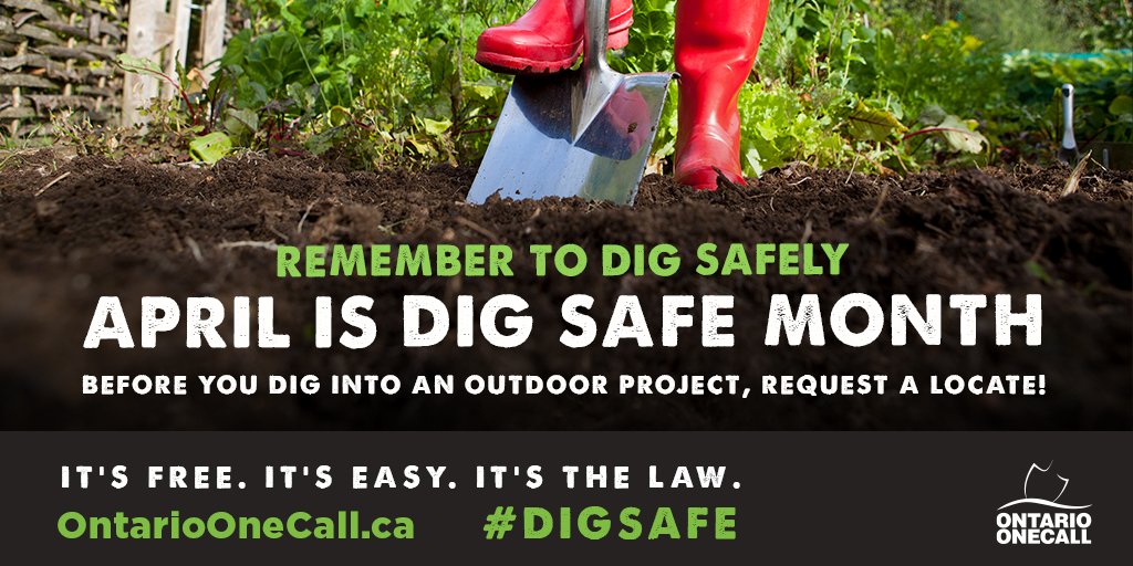 townofbluemtns's tweet image. It’s officially #DigSafeMonth! Regardless of the time of year, remember to
always click #OntarioOneCall before you dig into an outdoor project of any
size. Visit OntarioOneCall.ca to #GetTheDirt