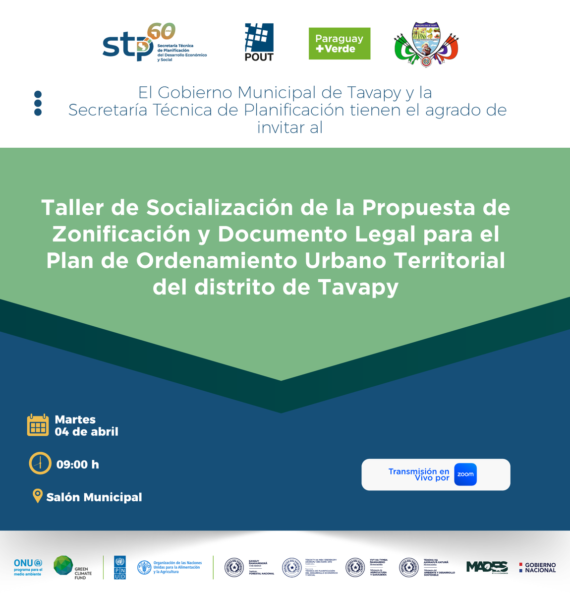 VEP_Paraguay's tweet photo. 📢 #Tavapy
✅ Te invitamos a participar del taller de socialización de la propuesta de zonificación y documento legal para el Plan de Ordenamiento Urbano Territorial del distrito.
📆 Martes, 4 de abril
🕐 09:00
📍Salón Municipal – Municipalidad de Tavapy https://t.co/MJtwXl5NHK