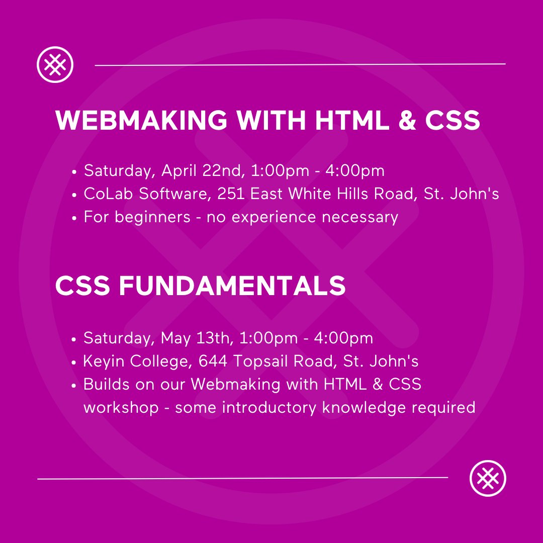 learningcodeyyt's tweet image. Our upcoming workshops will give you the chance to create your own website with HTML & CSS, and dive deeper into the cool designs you can implement with CSS 🎨
Register for one or both - they make a great pair 👯♀️
linktr.ee/learningcodeyyt
#LadiesLearningCode #YYT #StJohns #NL