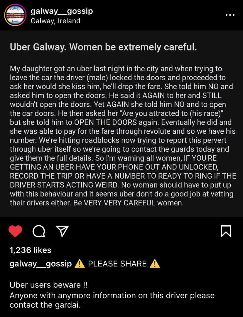 Irish woman in Galway has an unpleasant experience with a foreign taxi driver. 

#NewToTheParish 
#MakeIrelandSafeAgain 
#IrelandIsFull