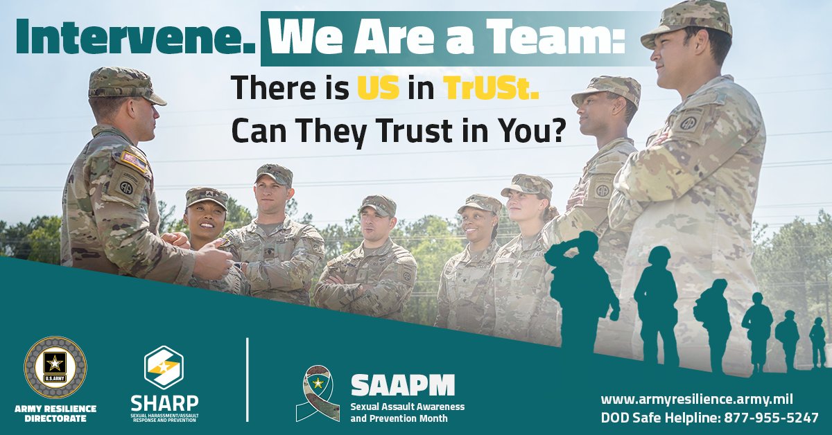 USACEHQ's tweet photo. April is Sexual Assault Awareness and Prevention Month. This year’s theme is “Intervene, we are a team: There is an US in trust. Can they trust in you?” #sexualassaultawarenessandprevention https://t.co/PPU57aviRd