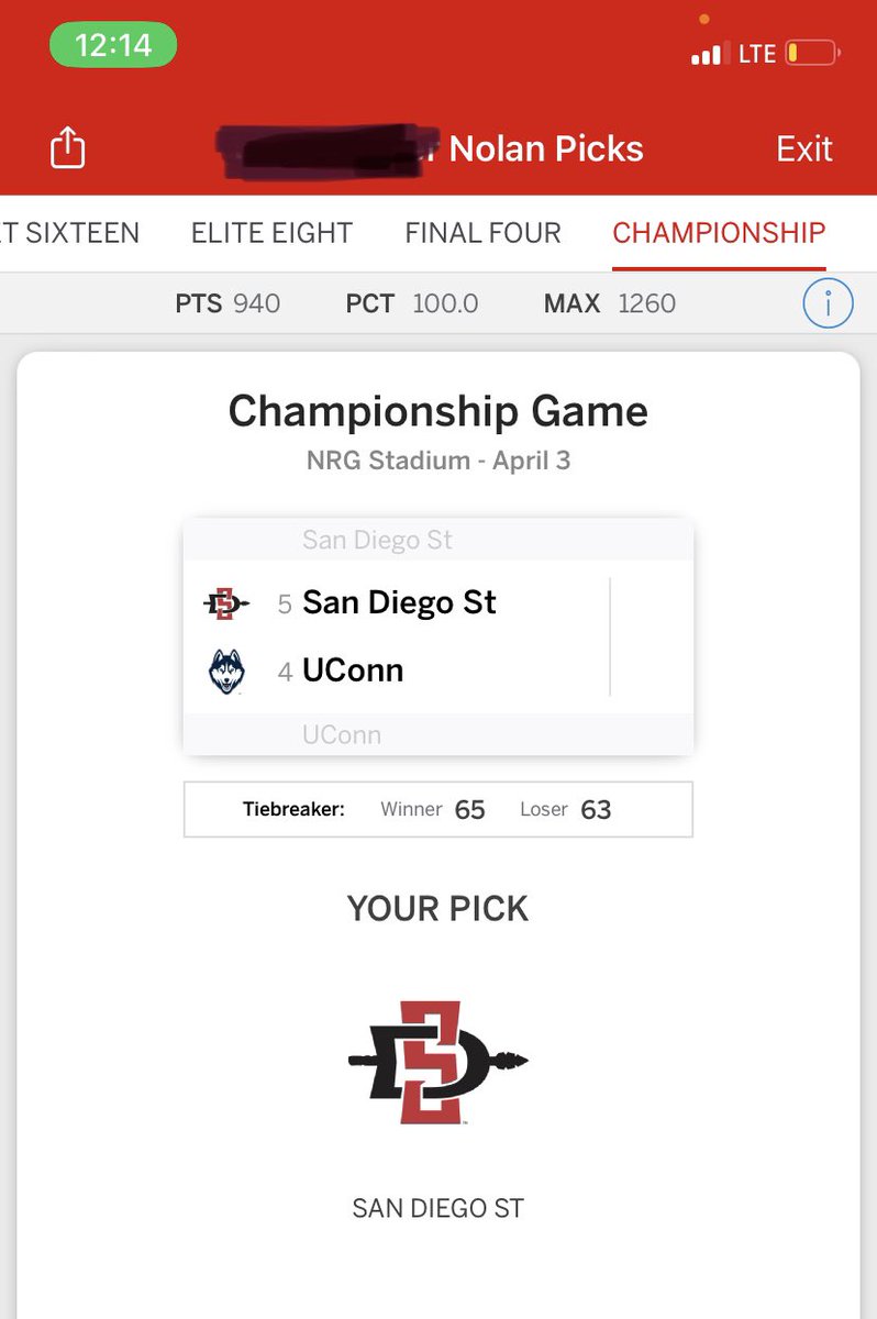 tdough111's tweet photo. My 8 year olds son’s bracket. Picked SDSU cause we live in San Diego and UConn because my wife graduated high school there @espn https://t.co/rrLfcNgaCJ