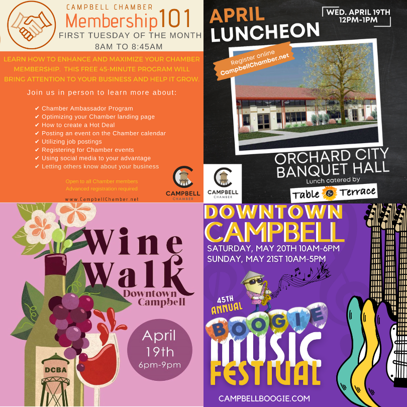Chamber Enews for the Week of April 3rd through April 7th, 2023

✔️ Register for the April Luncheon
✔️Membership 101 Tomorrow
🐇Bunnies &amp; Bonnets, Extravaganza This Saturday
🍷Get Your Tickets for taste of Campbell &amp; the Spring Wine Walk

Read more at htt