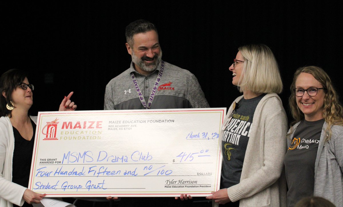 Maize Education Foundation (@maizefoundation) on Twitter photo Last week, we surprised MSMS Drama Club with our first Group Activity Grant.
Thanks to the efforts of <a href="/OneMaizeMedia/">OneMaize Media</a> and everyone who supported The A-Maizing Talent Show, for making this $415 award possible.
Stay tuned for 1 more $415 surprise in April!
<a href="/maize266/">Maize USD 266</a> #MaizeFamily Last week, we surprised MSMS Drama Club with our first Group Activity Grant.
Thanks to the efforts of <a href="/OneMaizeMedia/">OneMaize Media</a> and everyone who supported The A-Maizing Talent Show, for making this $415 award possible.
Stay tuned for 1 more $415 surprise in April!
<a href="/maize266/">Maize USD 266</a> #MaizeFamily