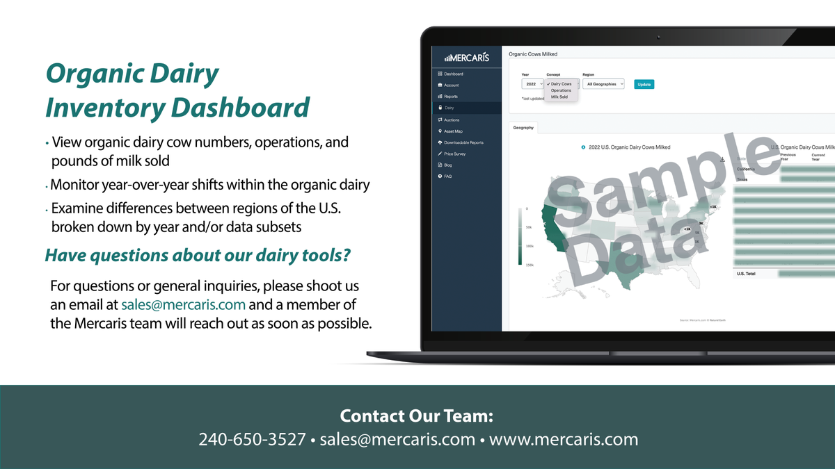Our team is excited to announce updates to our dairy product offering. The Mercaris #Organic Dairy Dashboard features 3 tools designed with our #organicdairy partners in mind. Contact Alberto at alberto.anguiano@mercaris.com to schedule your complimentary demo! #staytunedformore